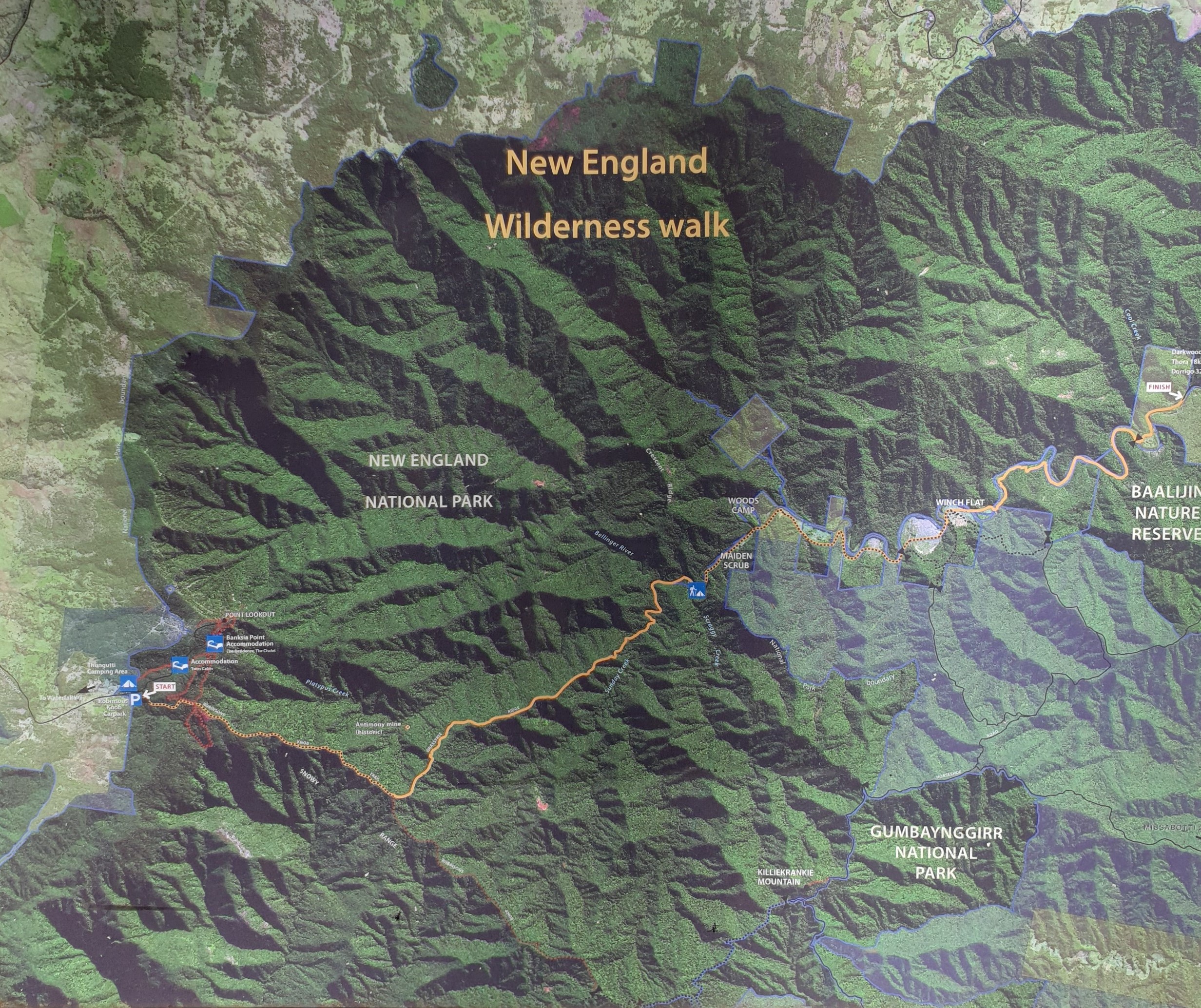 This clear, informative sign at the edge of the wilderness shows the walk. The blue square, centre, shows the weed-infested Scraggy Creek campsite.