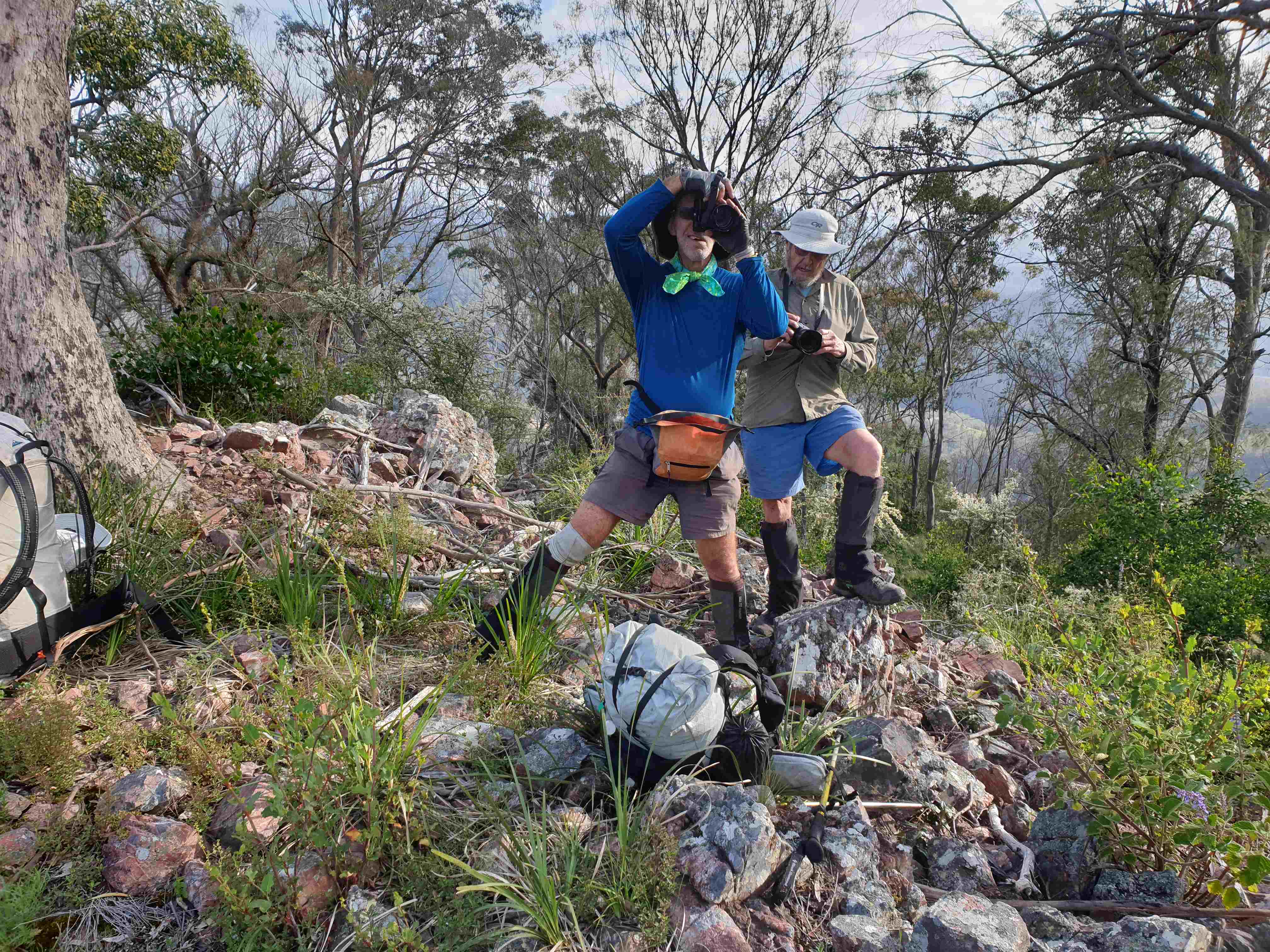 Ian and Geoff wrangling their cameras on the descent ridge to the Barnard River