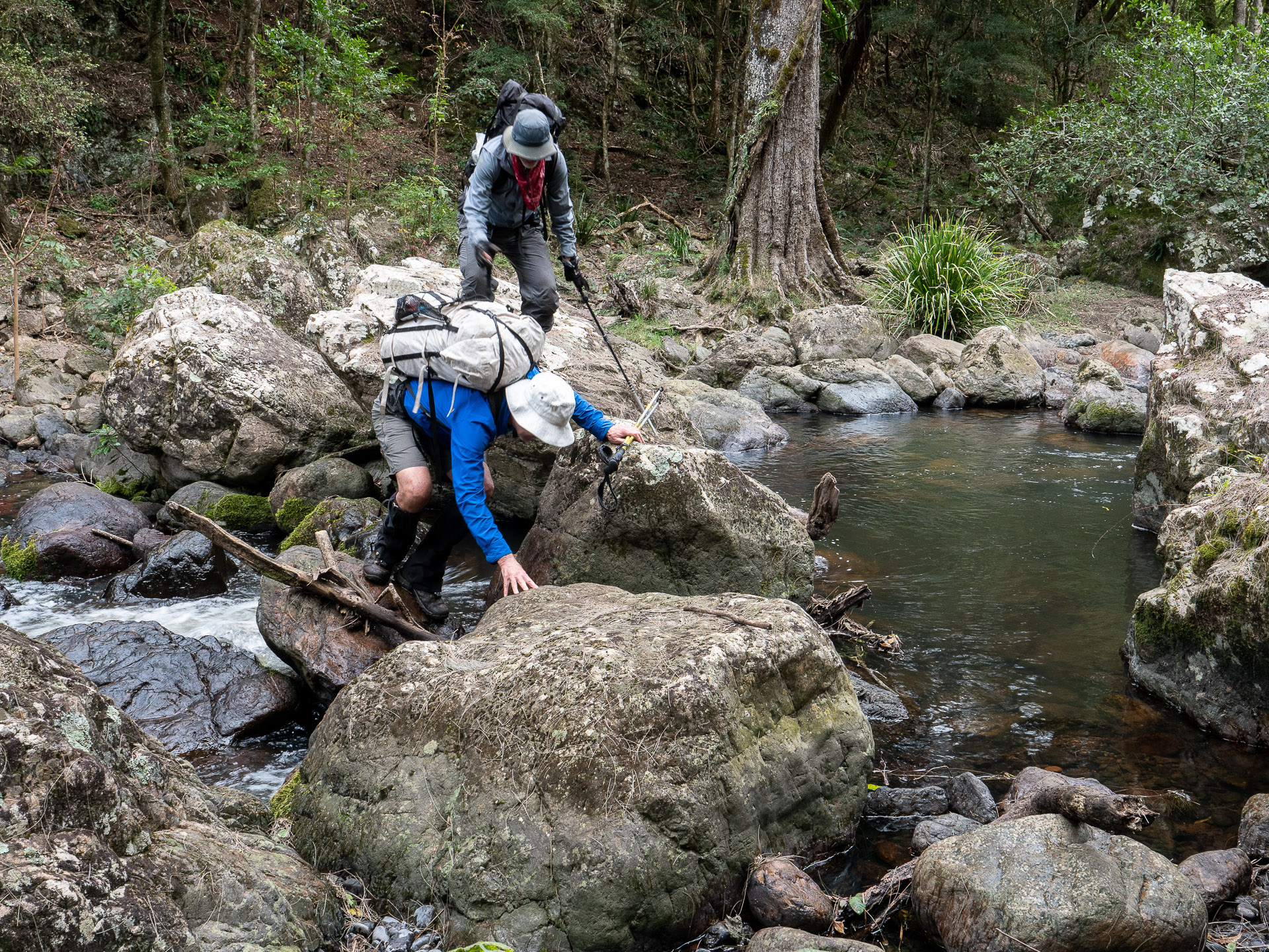 Crossing slippery rocks on Myall Creek (image G. Luscombe)