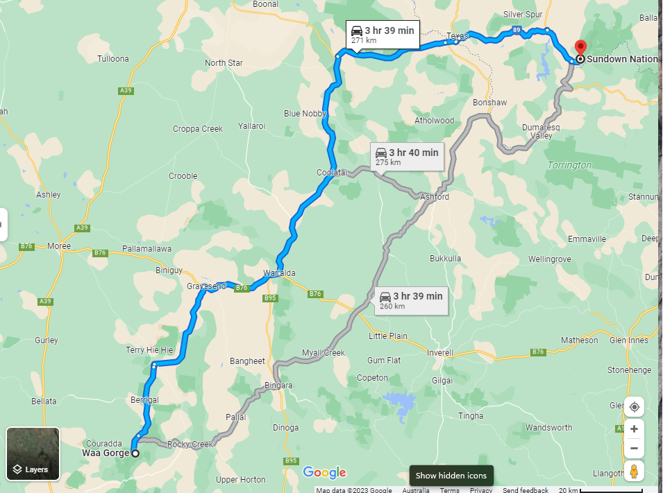 Google Maps gaves three good options for the trip to Sundown National Park, QLD